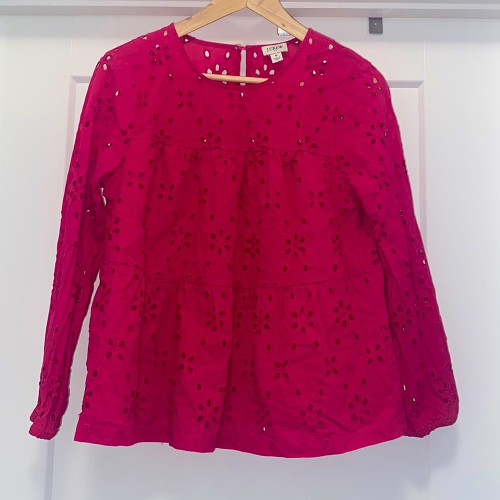 🩷 J.CREW Long Sleeve Eyelet Pop-over Fuchsia Pink Loose Fit Top - Size Small